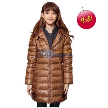 耀点100 YD100 羽绒服女款中长款 90%鸭绒双帽压格罗纹袖口羽绒服 咖啡色 XL