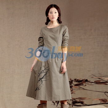 INMAN茵曼2012春装新款修身印花全棉连衣裙 OP50071 深卡其色 XL