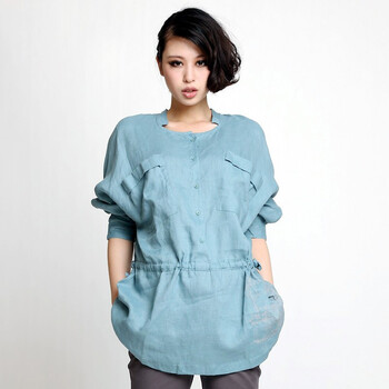 伊思君凯ESBACK 麻料印花中长衬衫ES1003SCZ082 湖蓝色 M