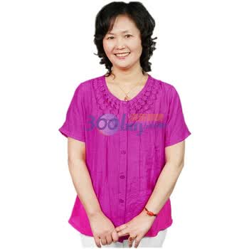 露西法兰 2012中老年女装夏装新款钩花棉麻短袖T恤 JS-意诺莉尔1109 枚红色 XXXXL