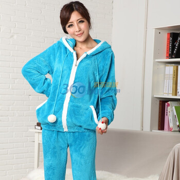 依纷EFENE 韩版兔帽珊瑚绒加厚保暖家居服套装EWW0003 天蓝色 XXL