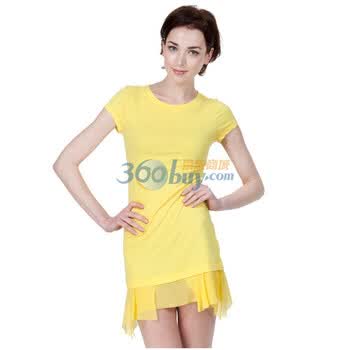 乐颂les100ciels 2012夏款韩版素色气质舒适修身桑蚕丝裙摆纯棉连衣裙 黄色 L