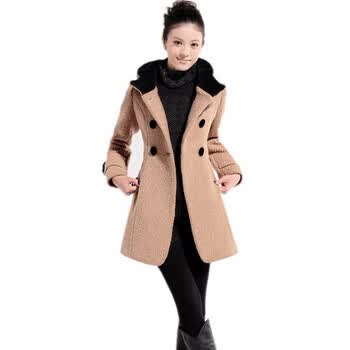 玫斯妮秋冬装新款女韩版带帽双排扣修身呢大衣毛呢外套A37 驼色 XXL