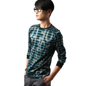 【FEIPINPAI】孔雀蓝横纹暗花男款修身长袖T恤(nonbrand)T10-07绿色54(185/100A)