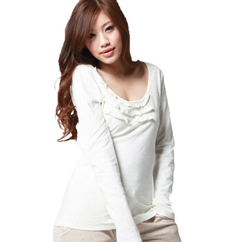 棉花公主 COTTON PRINCESS 2012春季新款全棉纯色荷叶边修身打底衫款T恤 1101309 白色 M