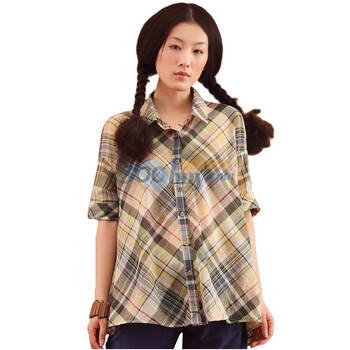 茵曼INMAN 2012夏装新款翻领中袖宽松纯棉格子女衬衣822013416 蓝色 XL