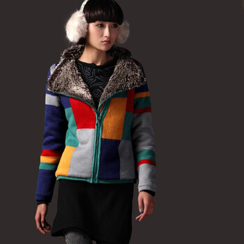 裂帛彩色块拼色 斜拉链毛毛内胆 毛衣外套 话彩16150074 彩色 XL