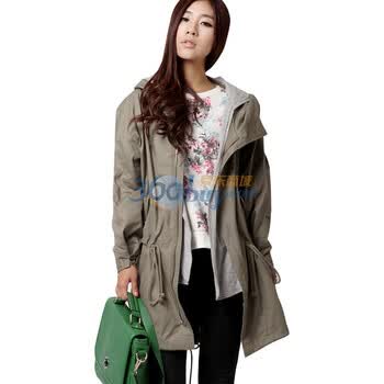 韩都衣舍 韩国风衣春装新品女时尚长款带帽风衣JS1015 卡其色 均码