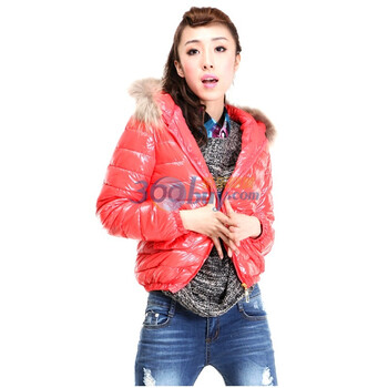 Rosas Mode 淑女修身毛领 短款亮面棉服R1812502 橘色 L