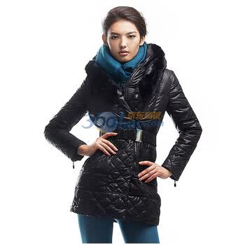 格致新品 高端兔毛领长款束腰带帽修身白鸭绒羽绒服女51470303106 黑色 XL