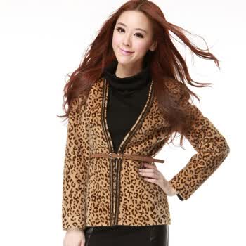 O.SA 秋冬新品 韩版时尚豹纹修身女士毛呢外套 SD13084 咖啡色 XL