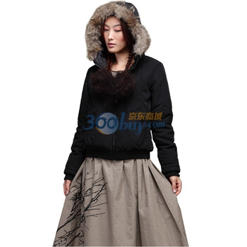 Inman茵曼2011冬装柔软光感带帽棉衣JC20023黑色XXL