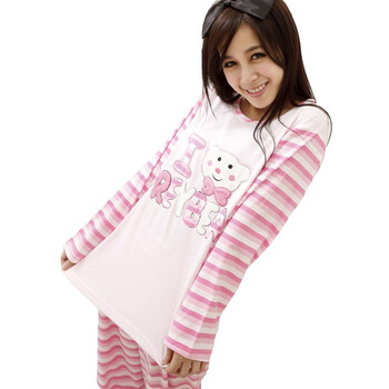 好家猫 韩版新款条纹笑脸熊棉质套装家居服HX2211V 粉红色 XL