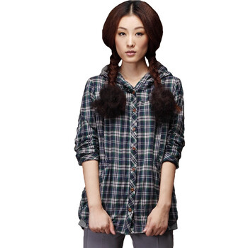 茵曼 INMAN 2011冬装新款罗纹拼接加厚夹棉衬衫 B10169 绿色 XXL