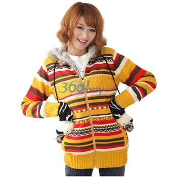 新珑新 slomsin 女装新款带帽长袖针织开衫外套棉衣8970 土黄 XL