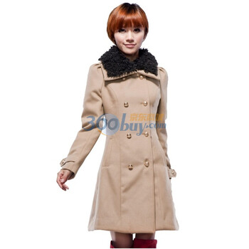Justyle秋冬新品女式时尚双排扣大毛领呢子大衣JTL47113224 土黄 XL