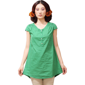 茵曼INMAN2012夏装新款纯色淑女衬衣圆领纯棉短袖衬衫女B10104 绿色 XL