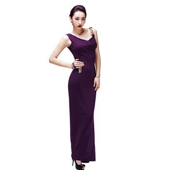 Miss-in 时尚雅典风情金属链条垂坠褶皱长礼服裙 深洋红 L
