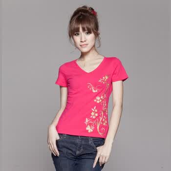 百依秀子 印花女装烫金小花时尚短袖T恤2012-B226 玫红 L