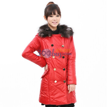 音曲女装 贺新年 冬装新款 毛领长款金属扣棉服大衣 ECDSM051 红色 XL