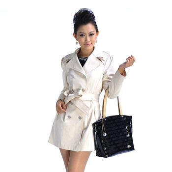 白领网络款（WHITE COLLAR) 米色西服领双排扣肩部压褶系带中风衣 WD-BIV11-811 米色 L