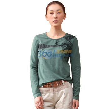 茵曼 INMAN 2012春装新款不对称拼接梭织印花长袖T恤女 821022130 绿色 xxl