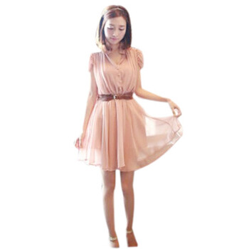 维妮 VINEY 夏季女装裙子小立领公主泡泡袖收腰甜美时尚两件套短袖连衣裙71016 粉色 均码
