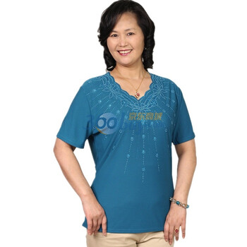 露西法兰 2012中老年女装夏装新款 V领胸口印花短袖T恤 JS-3218 蓝色 XXXL
