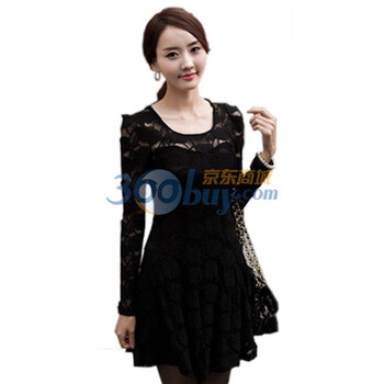 天空岛韩国女装修身打底裙蕾丝连衣裙长袖B192Q 黑色 均码