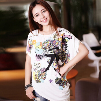 韩都衣舍 韩国2012夏装新款女T恤蝙蝠袖宽松图案T恤JY2044 白色 M