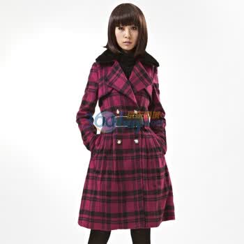 道明Daom冬装 气质欧美格子双排扣大翻领毛领毛呢大衣11WF123 玫红 XL