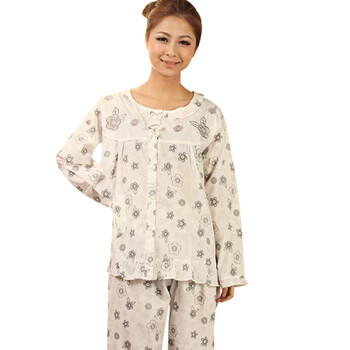 好家猫 暖春新款简约小花棉质套装女士家居服HJM2009SHCH 白色 XXL