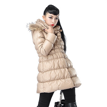 Bessie 华贵毛领连帽修身长款羽绒服(配腰带）BS11AE020 米黄 L