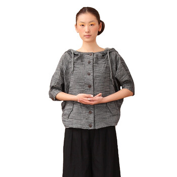 茵曼INMAN 2012春装新款连帽抽绳五分袖纯棉女外套821042203 黑色 XXL