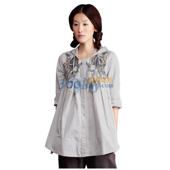 茵曼 INMAN 2011秋装新款绣花印花连帽衬衫 B10130 灰色 XL