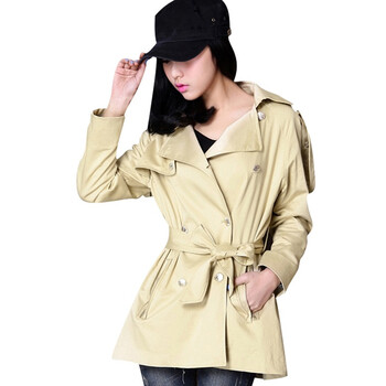 韩都衣舍 韩国风衣春季新品新年春装女纯色双排扣风衣DQ1560 米色 M
