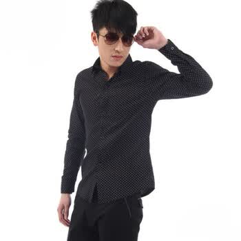 OBM韩版修身全棉圆点印花男士长袖衬衫28021 黑色 XXL