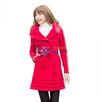 妮蕾迪 新款女装时尚花瓣领呢子大衣外套9355 红色 XXL