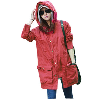 韩都衣舍 韩国风衣秋冬季新品女长款带帽风衣HX1077 红色 M
