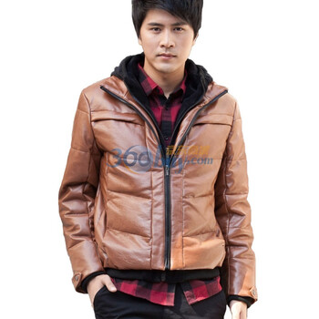 诠渡良品trenduality 秋冬季新款pu皮休闲连帽运动羽绒服#81500 棕色 XXL