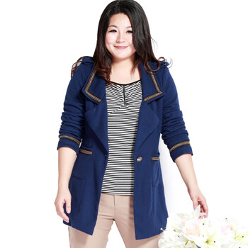 MSSHE 加大码女装2012新款春装胖妞翻领肩章长款修身显瘦外套0572 宝蓝色 4XL