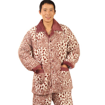 好家猫 冬日新款加厚开衫式男士渐变色豹纹套装家居服JFN6871 咖啡色 XXL