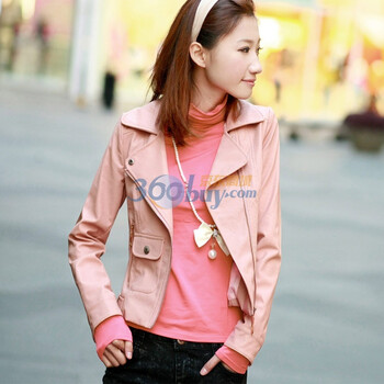言若 2012新品秋皮夹克粉色机车服小皮衣短款短外套 PC100804 裸粉色 L