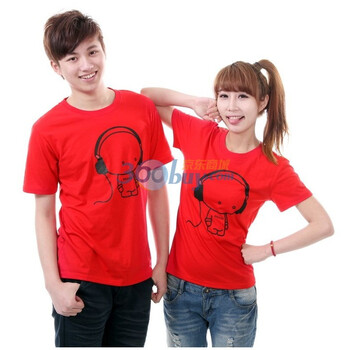 爱裳海韩版夏季情侣装新款圆领短袖情侣T恤耳机小人BY806-2 红色 XXL