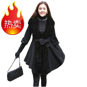 尚贵华2012新品狐狸毛领加厚呢外套+2个腰带 黑色 XL