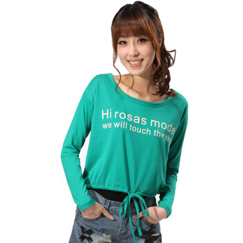 自由契约RosasMode女装下摆绑带字母印花长袖T恤R1581312 绿色 M