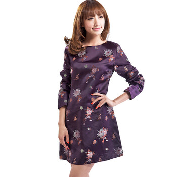 迪可 DECO 深紫色印花长袖连衣裙DT67301 紫色 M