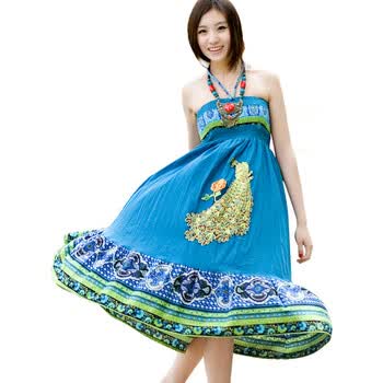 夕昕2012夏季新款 水洗棉印花两穿长裙半身裙 孔雀裙蓝色 均码