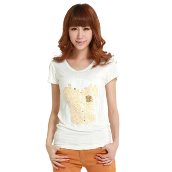 洛熙2012春夏新款女装圆领短袖珠片图案T恤T126094 白色 均码