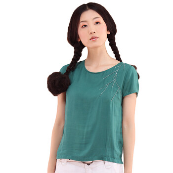 INMAN茵曼2012夏装新款手工刺绣前短后长下摆女衬衫822013456 绿色 XL